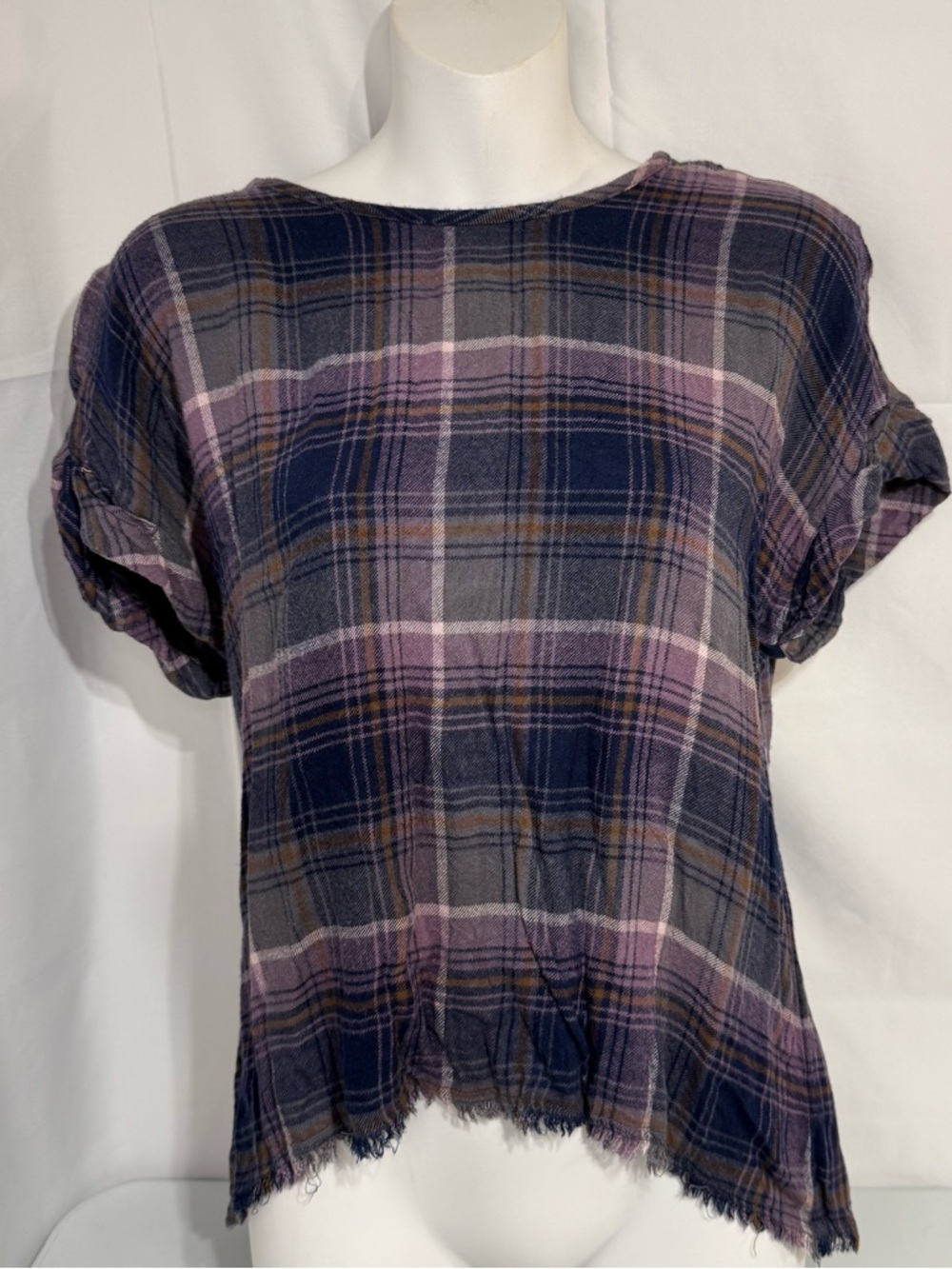 Cloth & Stone Anthro Plaid Raw Hem Button Back Top Small Boho